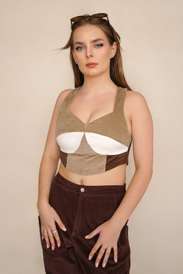 Patchwork Corset Top in Beige, Brown, and White. Corset Crop Top with Straps and Back Zip