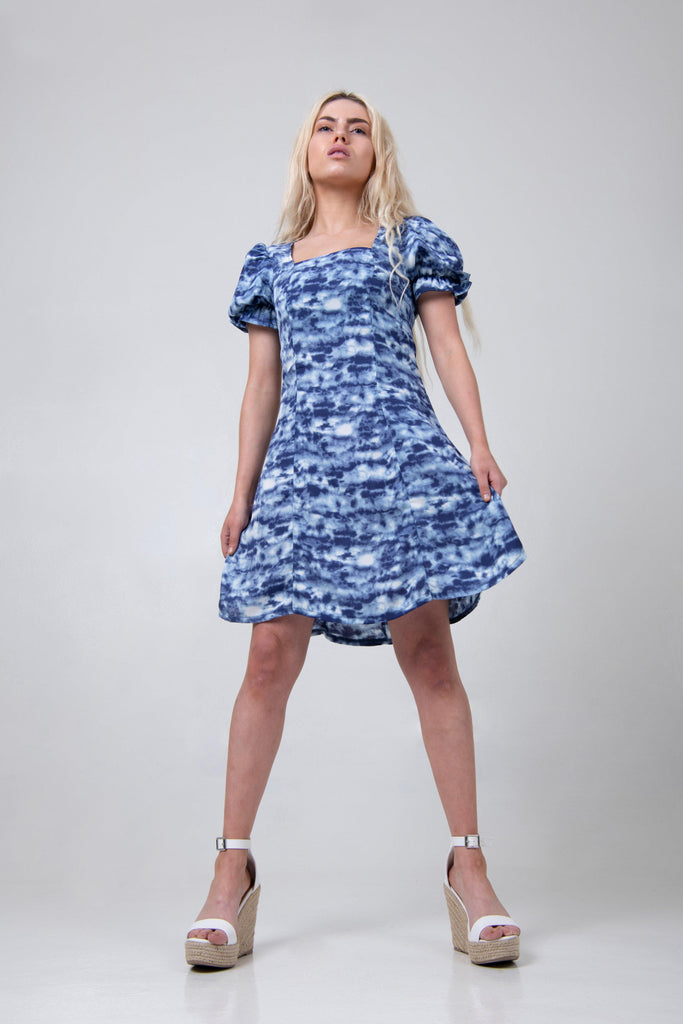 Puffy Sleeve Dress - Blue Tie Dye - Differently