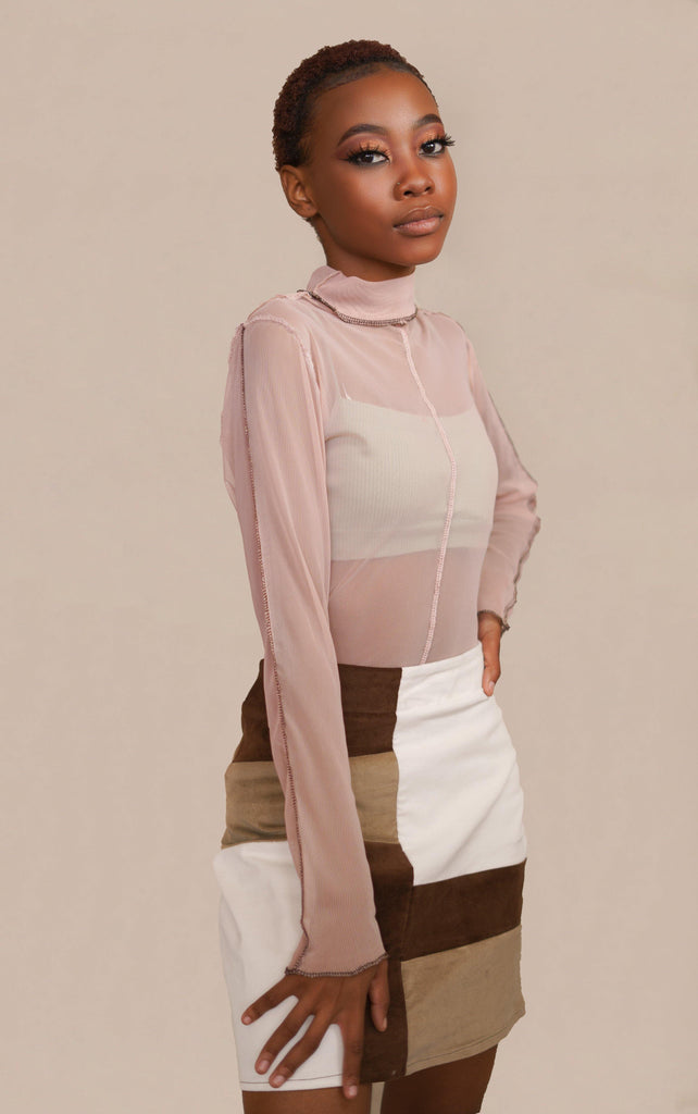 Nude Pink Polar Neck Mesh Top with stitching detail for Vintage Look TikTok Fashion